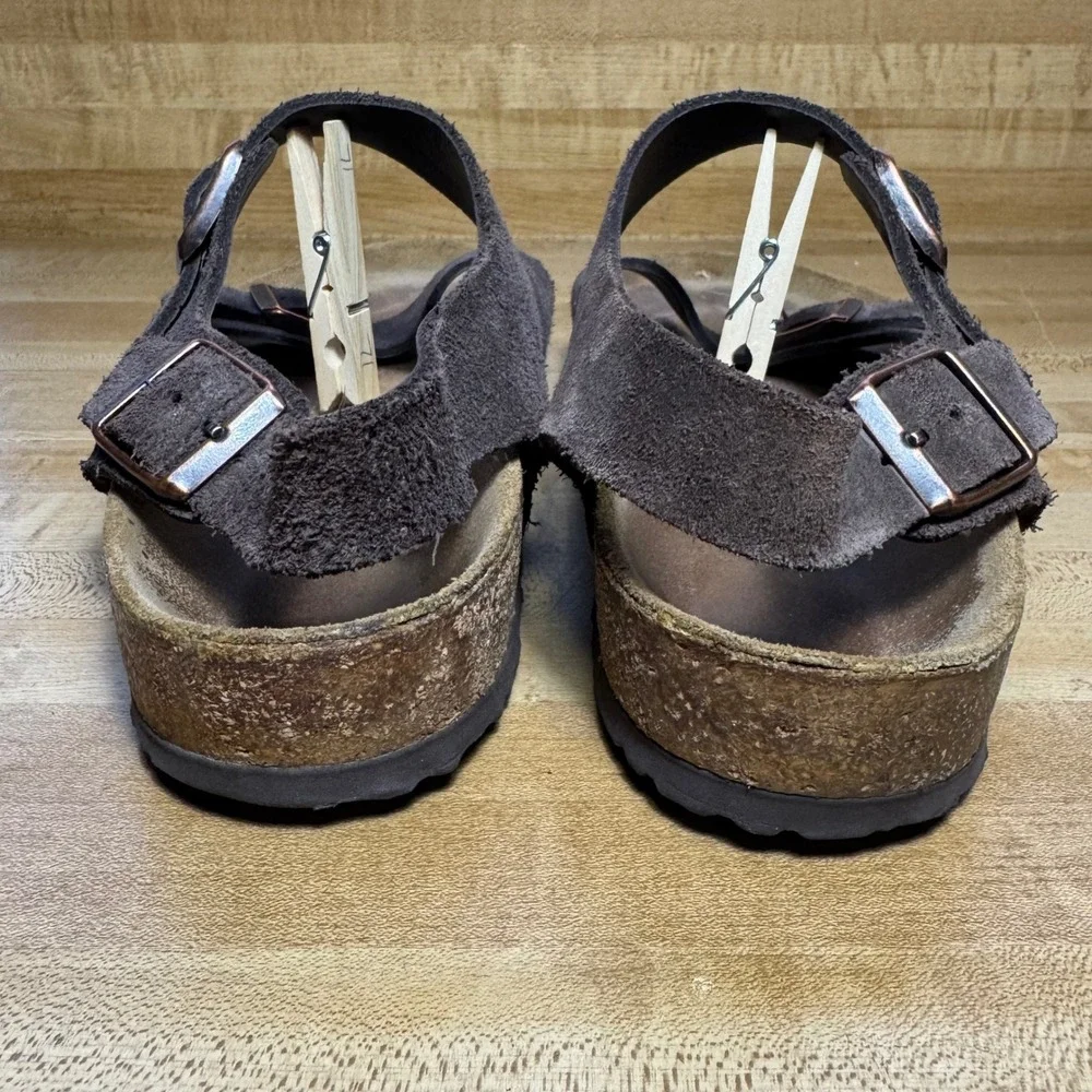 Birkenstock Milano Dark Brown Suede Sandals Mens 44 US 11 Three Strap Buckle
